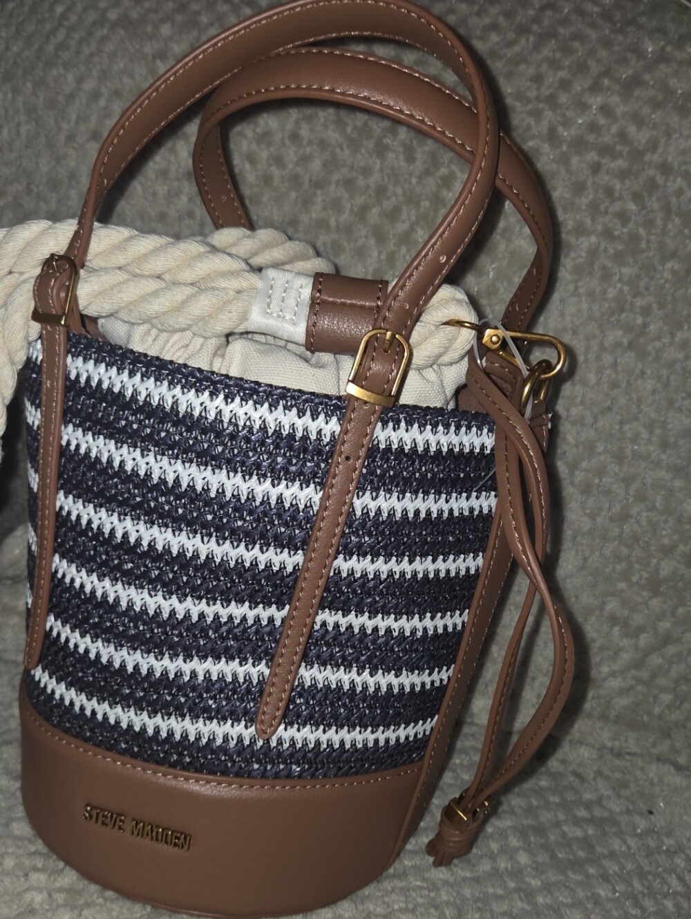 Steve Madden Navy & Cream Striped Bucket Crossbody with Brown Trim